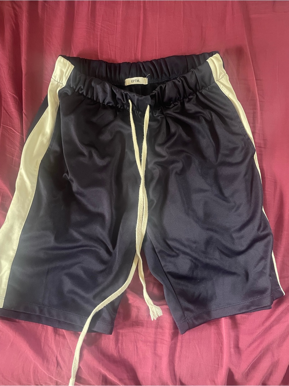 Navy Blue Athletic Shorts with Cream Side Panels long draw strings